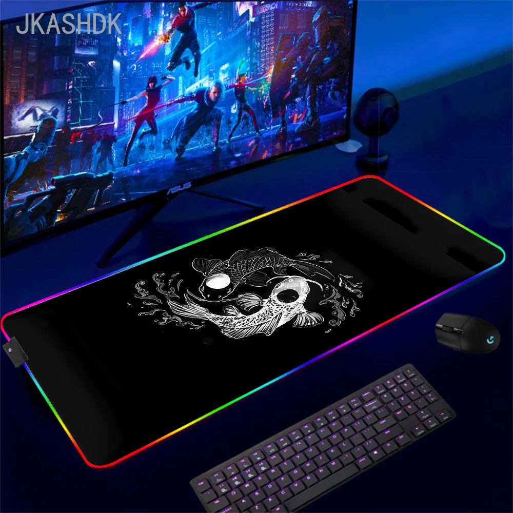 Large RGB Mouse Pad Koi Fish Gaming Mousepad LED Mouse Mat Gamer Mousepads Yin Yang Desk Pads RGB Keyboard Mause Mats XXL 100x50
