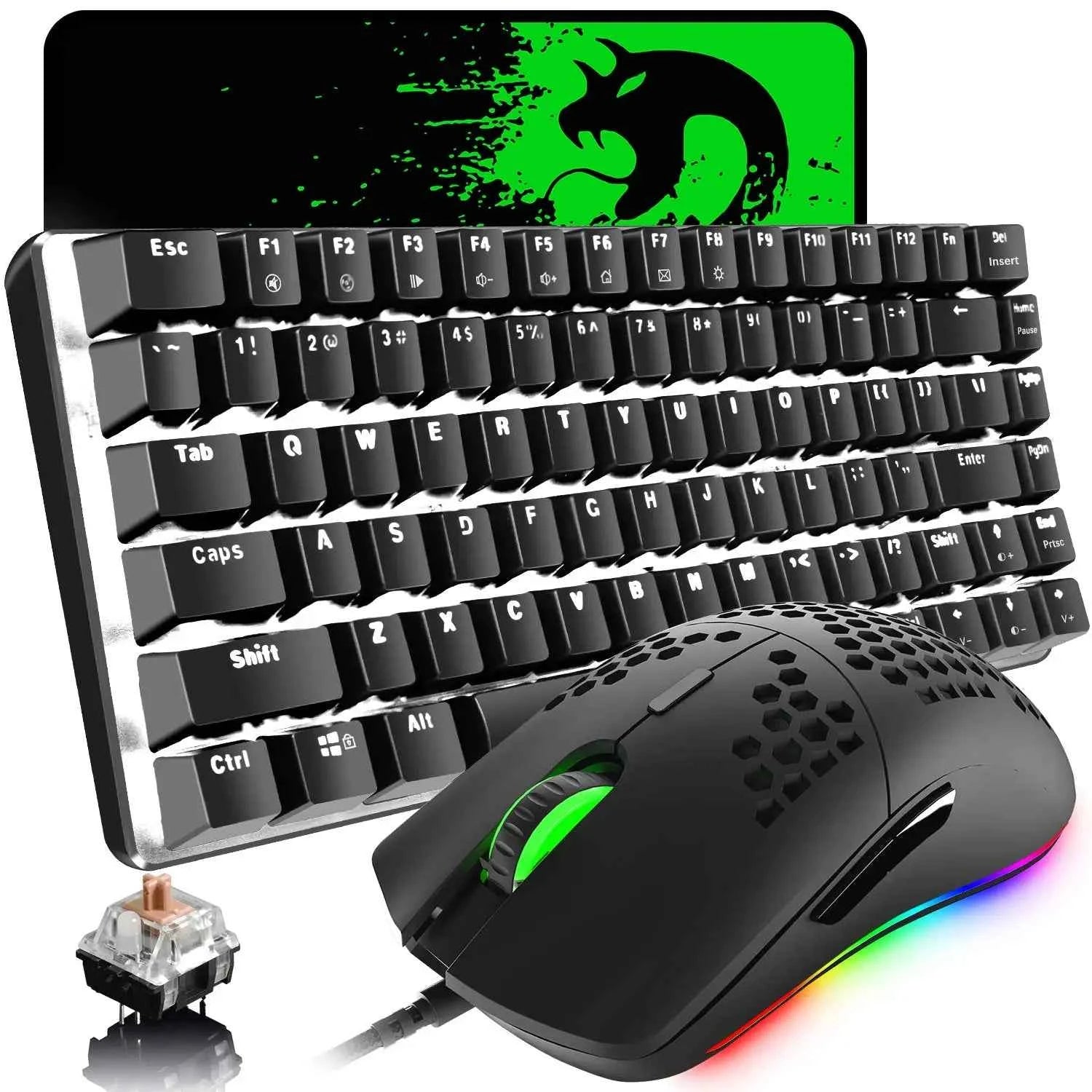LED Backlit Wired Mechanical Keyboard Brown Switch&RGB 6400 DPI Lightweight Gaming Mouse with Honeycomb Shell 3 in 1 Set