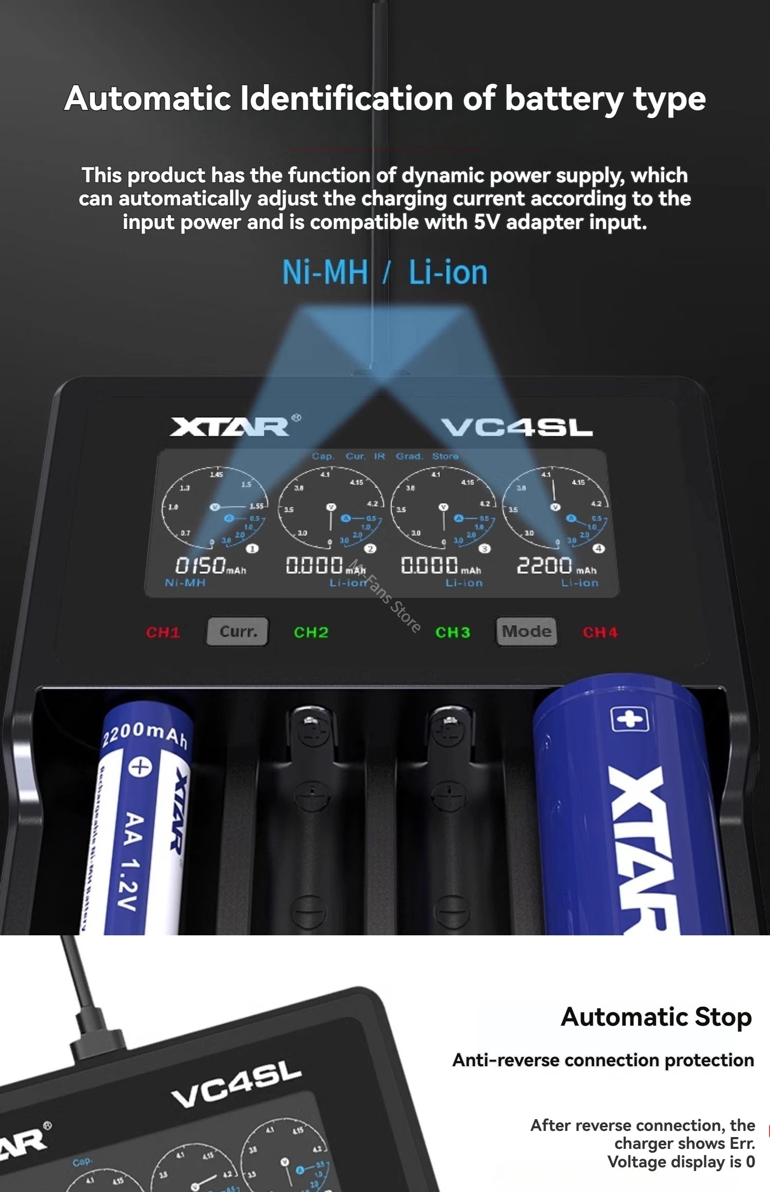 Original NEW XTAR VC4SL Battery Charger Type-C QC3.0 Fast Charge LCD Screen Display Ni-MH Li-ion 18650 AA/AAA Batteries Charger