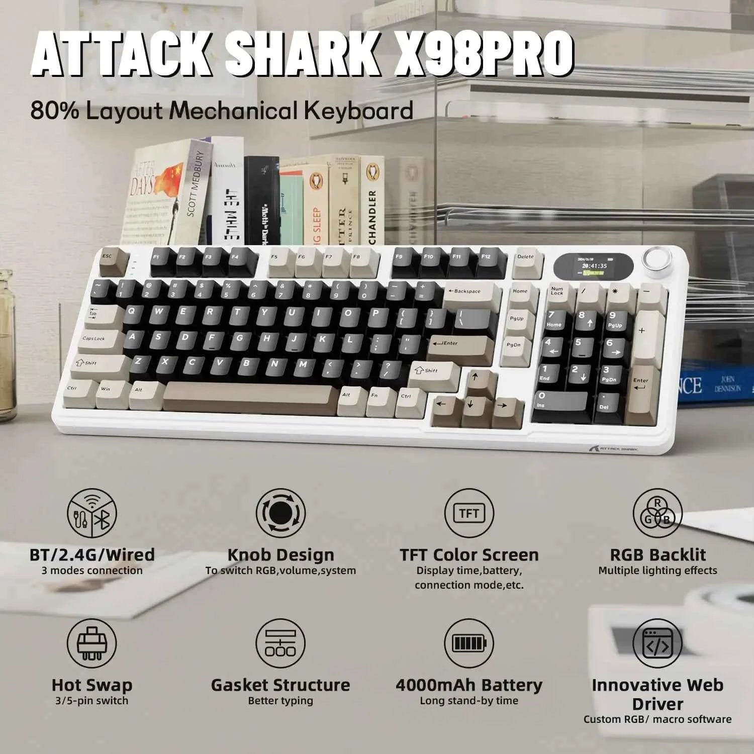 ATTACK SHARK X98Pro Wireless Mechanical Keyboard with Screen & Knob, Tri-mode Gasket Hot Swappable RGB  Keyboard, Web Driver