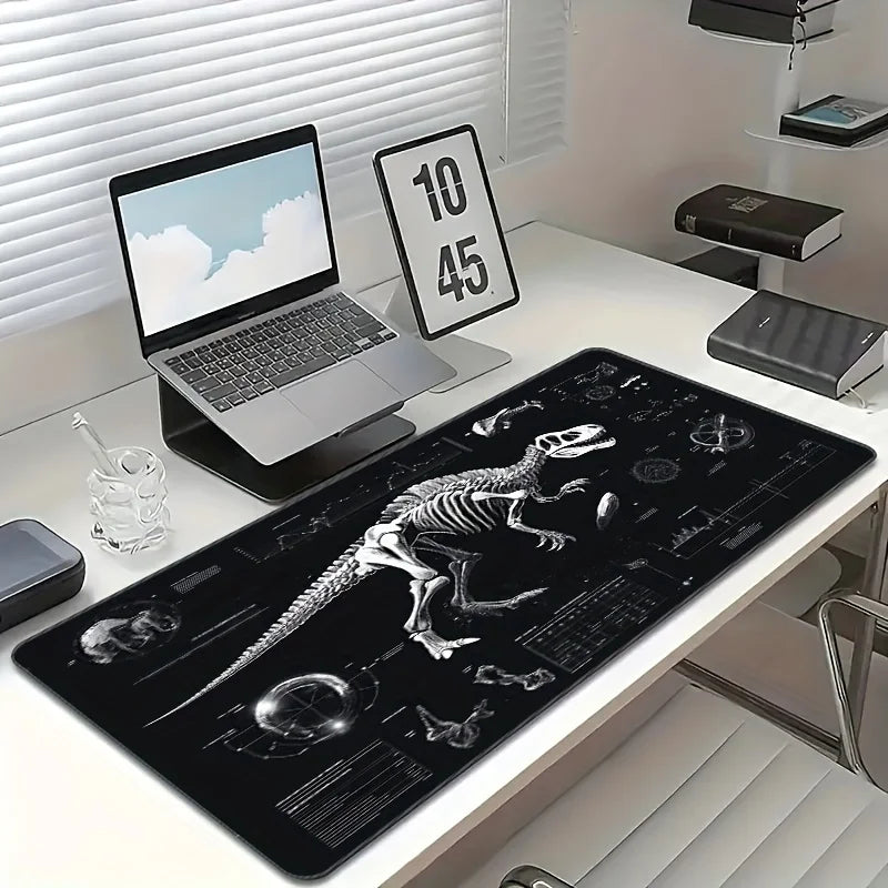 XXL Dinosaur Skeleton Gaming Desk Mat - Black and White Tech Style Extended Pad, Non-Slip Rubber PC Mat