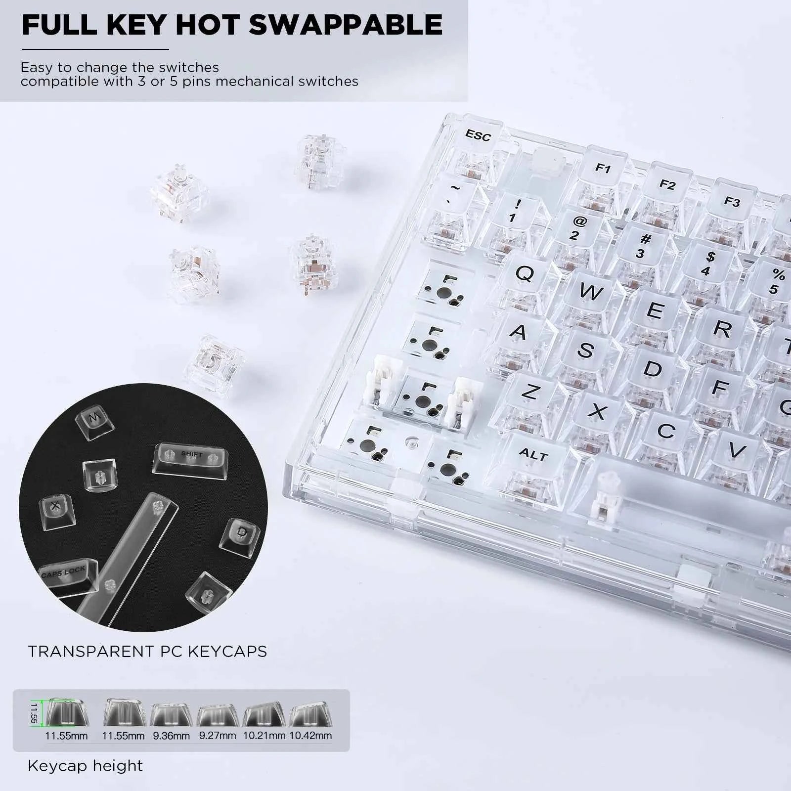 YUNZII X75 White 82 Keys Hot Swappable Wired Gasket Transparent Mechanical Keyboard