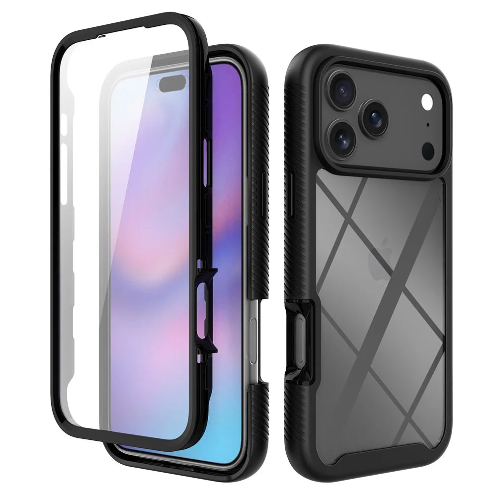 360 Full Body Protection Armor Clear Phone Case For iPhone 17 16 15 14 13 Pro Max Air 16e Plus Front Screen Shockproof Cover