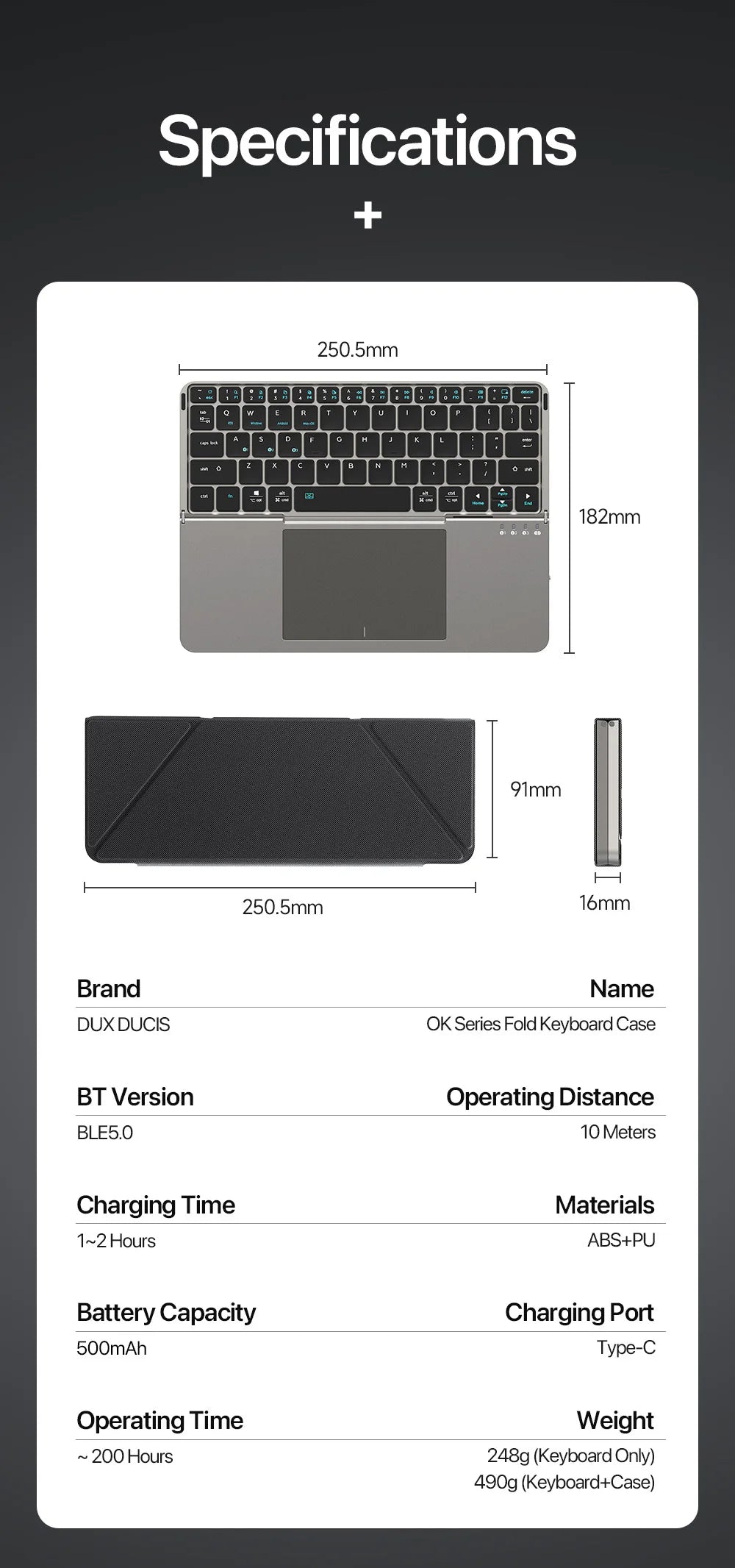DUX DUCIS Foldable Bluetooth 5.0 Keyboard with Touchpad & Phone Holder For Phones Tablets PC iOS Android Windows Mac