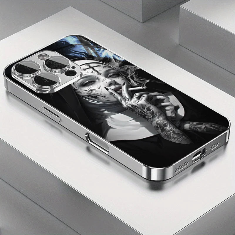 Crystal clear, beautifully designed tattooed lady smoking pattern glass phone case for iPhone16 15 14 13 12Promax