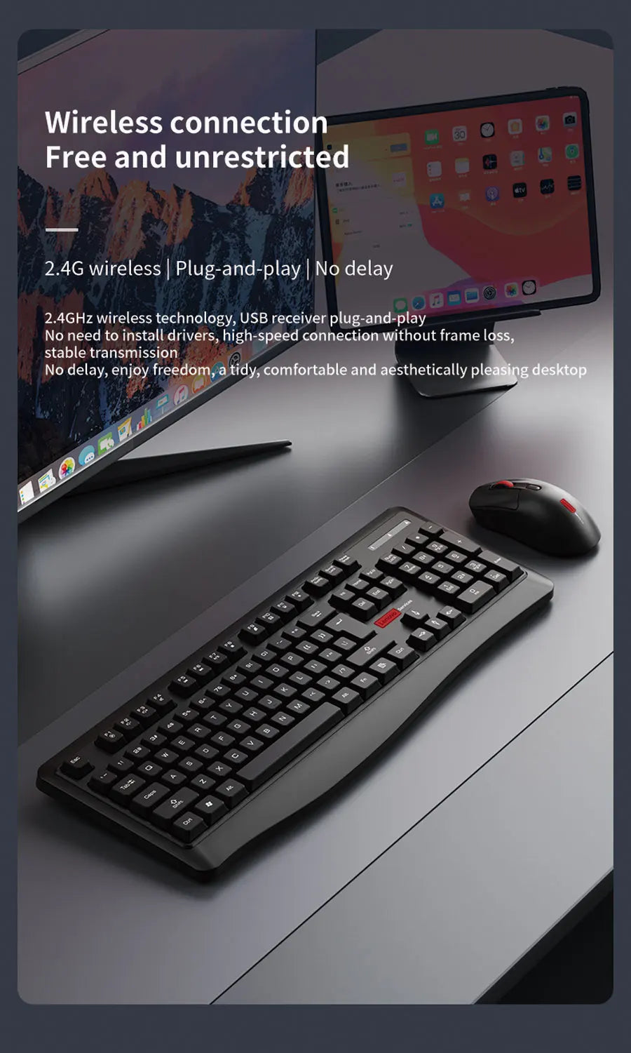 Lenovo Wireless Keyboard and Mouse Combo Full-Size 104 Key Quiet Office Set with Silent Click Compact USB Receiver for Pc Laptop