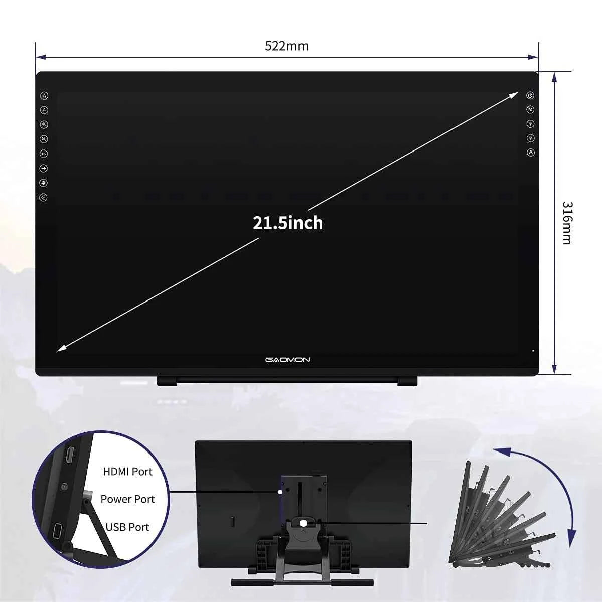 GAOMON Graphics Tablet PD2200 21.5 Inch Anti-Glare Screen Pen Display for Drawing with 8 Shortcut Keys Adjustable Stand Glove