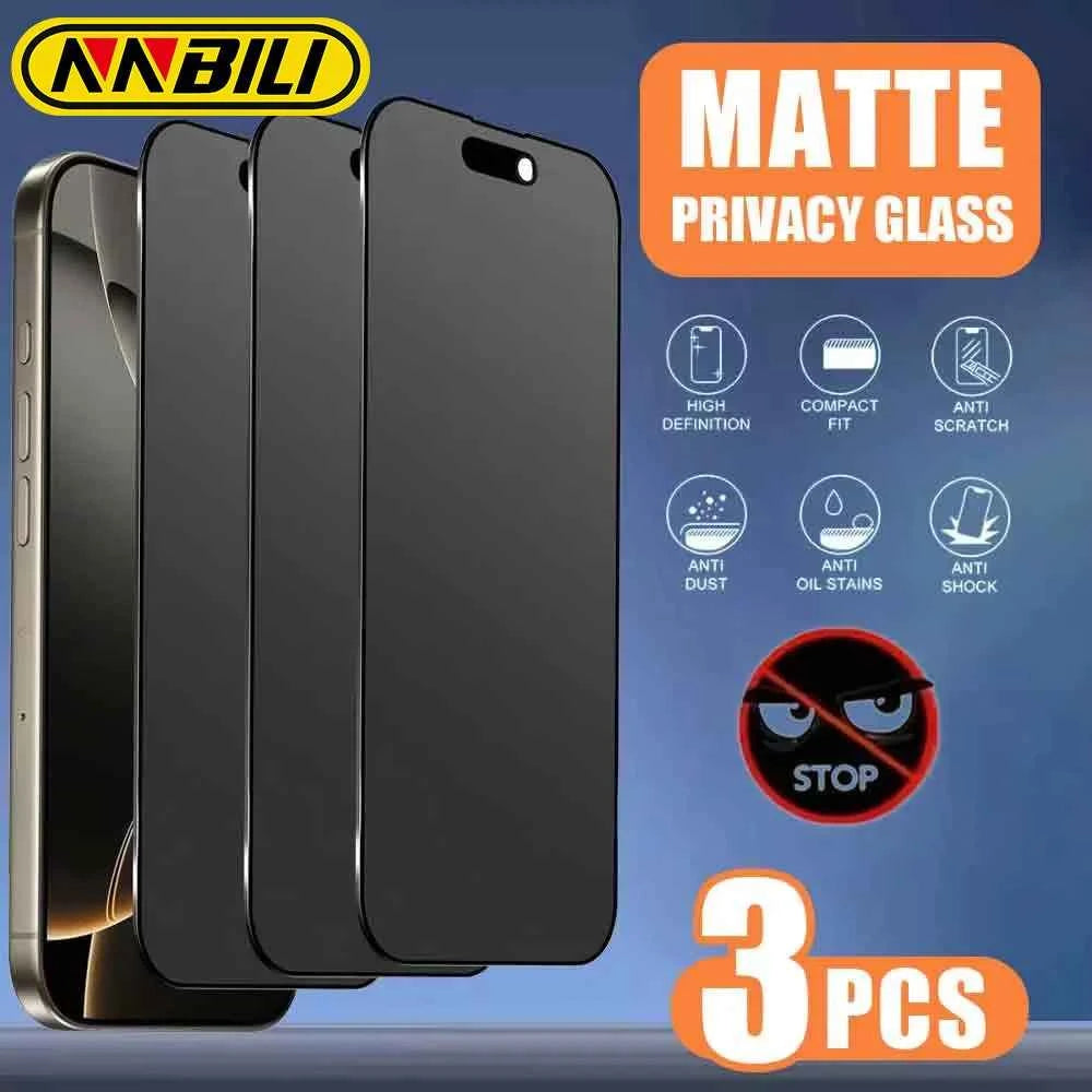 NNBILI 3pcs Full Cover Matte Privacy Screen Protector For iPhone 17 16 15 14 13 12 11 Pro Max Plus Mini X XS Anti-Peeping Glass