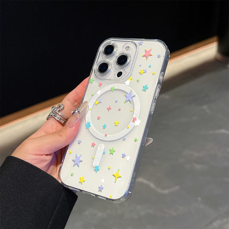 Colored stars,transparent magnet Case For  IPhone 17 promax 17 air 16 15 14 13 12 11 Pro Max 16 15 Plus X XS.Soft TPU,shockproof
