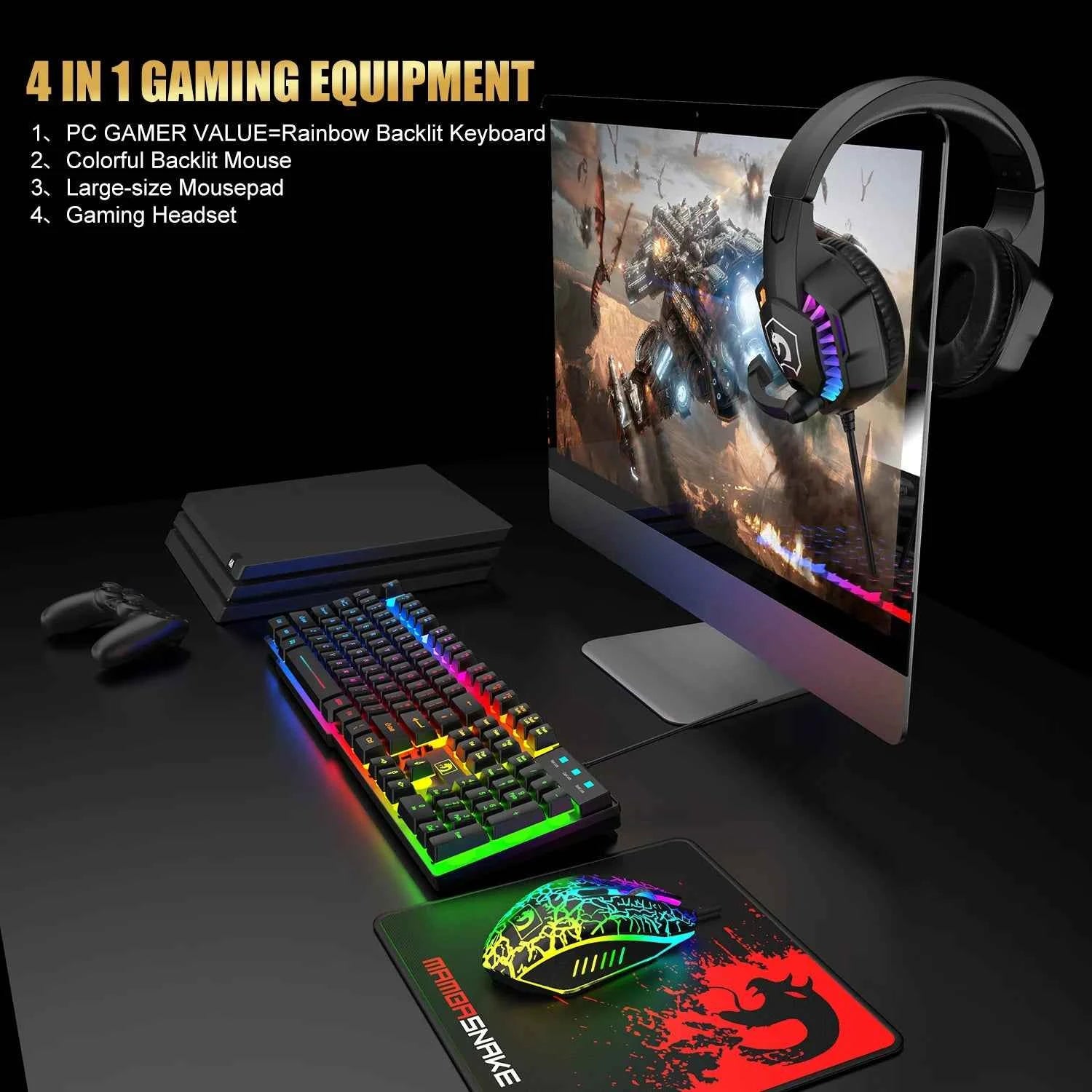 MANBASNAKE T11 Gaming Combo: Wired Keyboard, Mouse, and Rainbow LED Backlit Headset