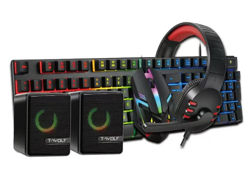 T-WOLF Thunderwolf TF880 Wired Keyboard, Mouse, Headphones and Audio Five-piece E-sports Game Enjoy Super Fast Moving Speed.