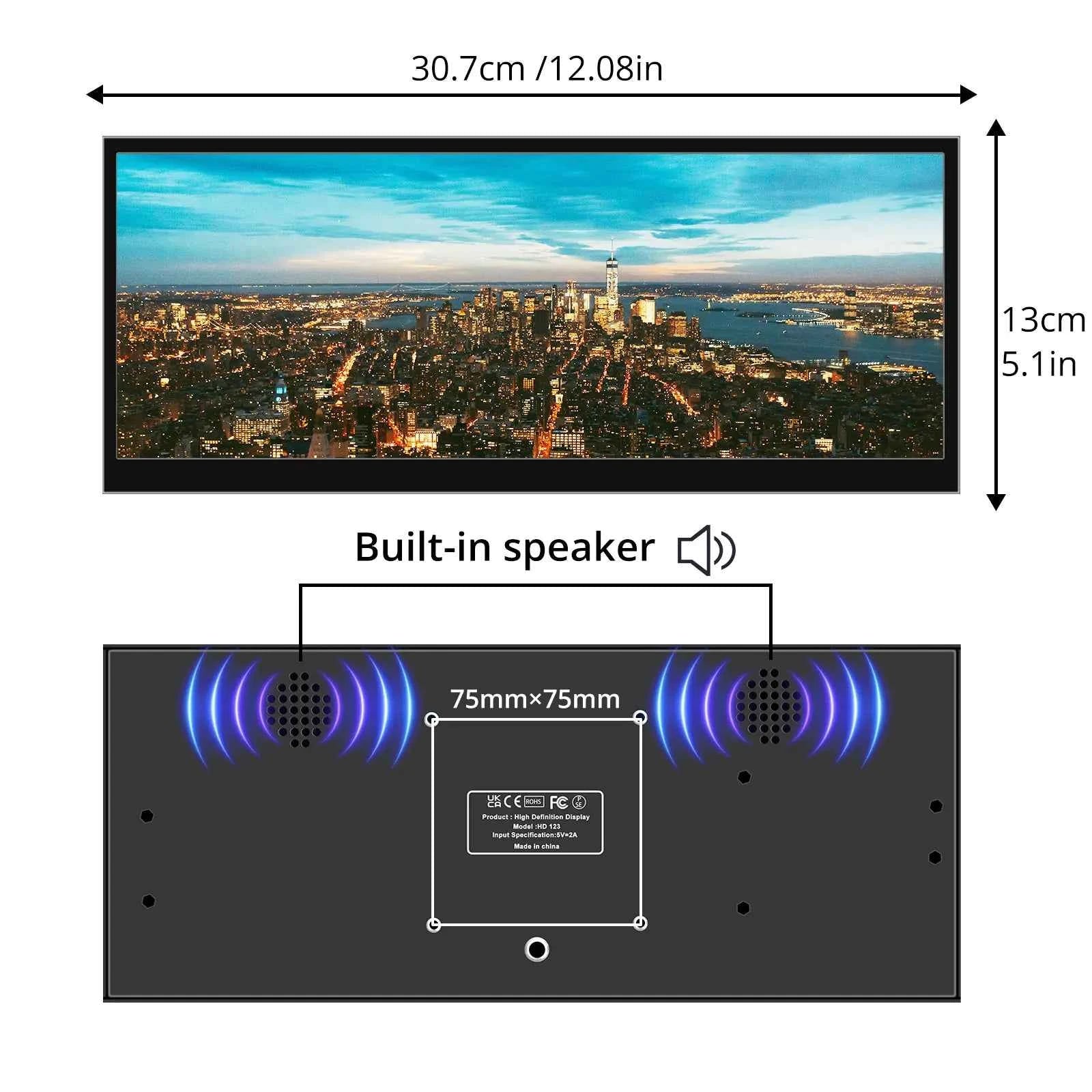 12.3/14.5-Inch Ultra-Wide Touchscreen Monitor – 1920×720 FHD IPS, Type-C, 60Hz, 8-Bit Color Depth