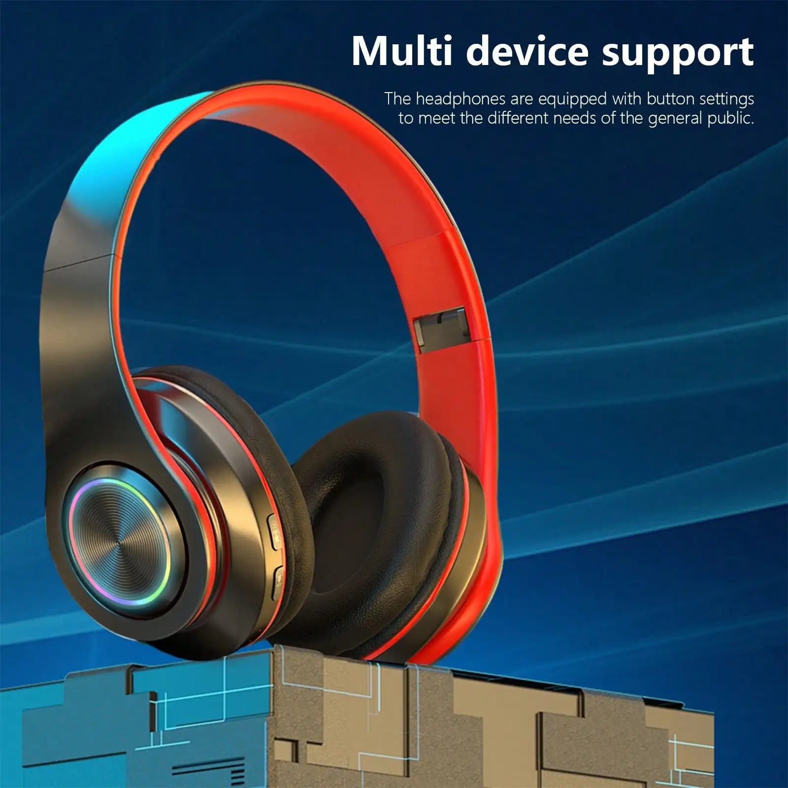 Bluetooth 5.3 Over-Ear Headphones, Active Noise Reduction, Subwoofer Bass, LED Light Design, Foldable Portable Wireless Headset for Gaming, Music, Sports, Phones & Computers