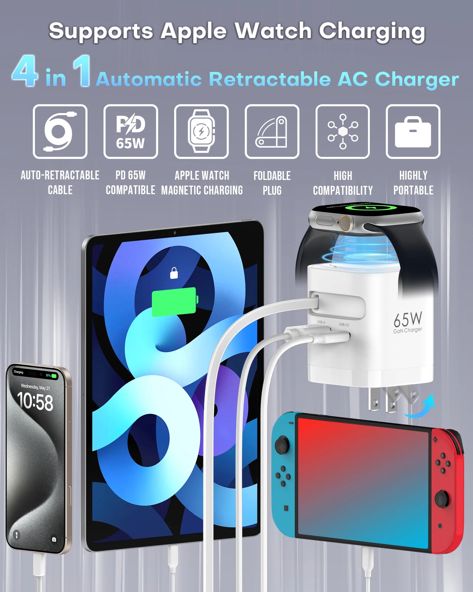 TOPADRE Retractable 65W For Apple Watch wireless Charger, Rapid Charging for Macbook,for iPhone, iPad smartphone, Foldable