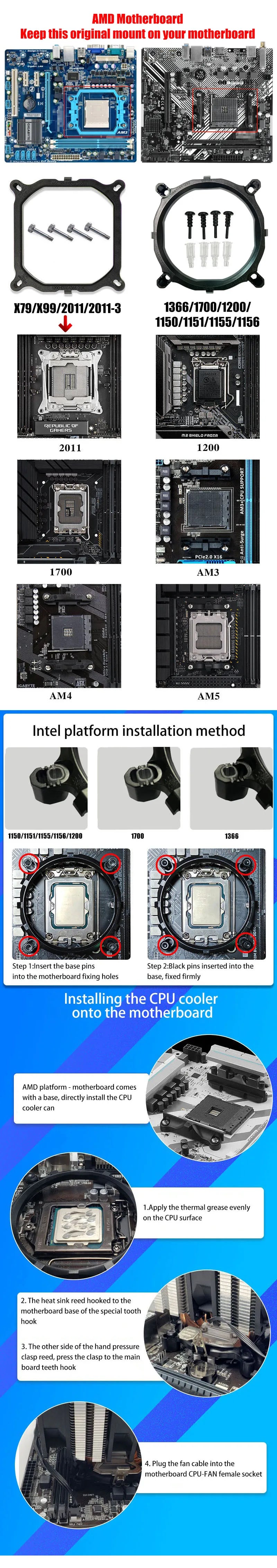 CPU Cooling Fan Desktop Computer 3PIN Quiet PC Cooler Radiator for Intel LGA 1150 1151 1155 1156 1200 1700 X99 X79 AMD AM3 AM4