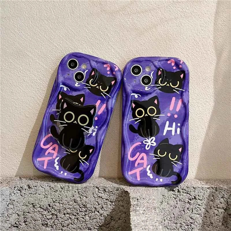Cute Dark Cat Grip Tok Holder Wave TPU Soft Phone Case for Samsung Galaxy S23 Ultra S24 Plus S25 S22 S21 S20 FE A30S A51 A31 A50