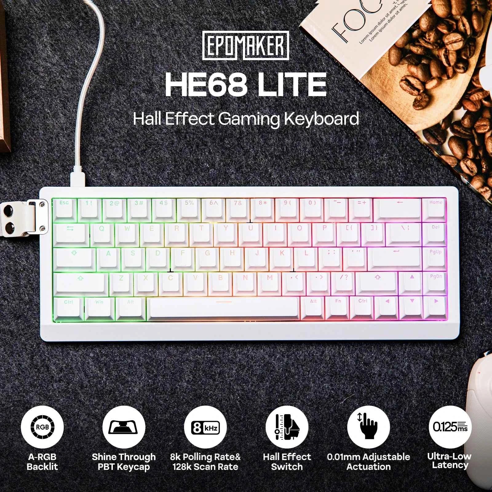 EPOMAKER HE68 Lite 65% Layout Tray-Mounted Wired Hall Effect NKRO Magnetic Keyboard DKS SOCD 8kHZ Polling Adjustable Actuation