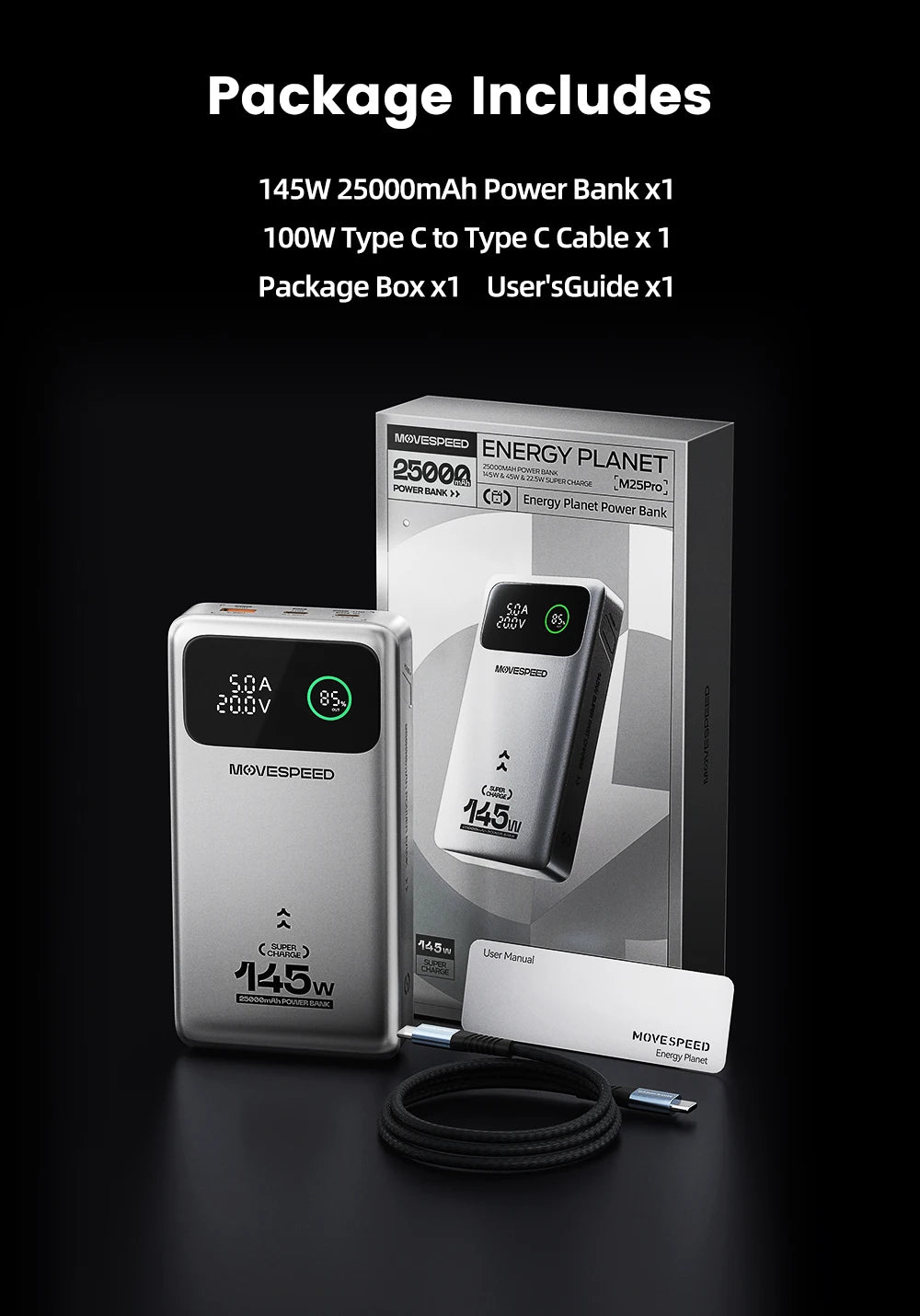 MOVESPEED M25PRO 25000mAh Power Bank 140W PD3.1 Fast Charge Portable External Battery Charger for iPhone Samsung