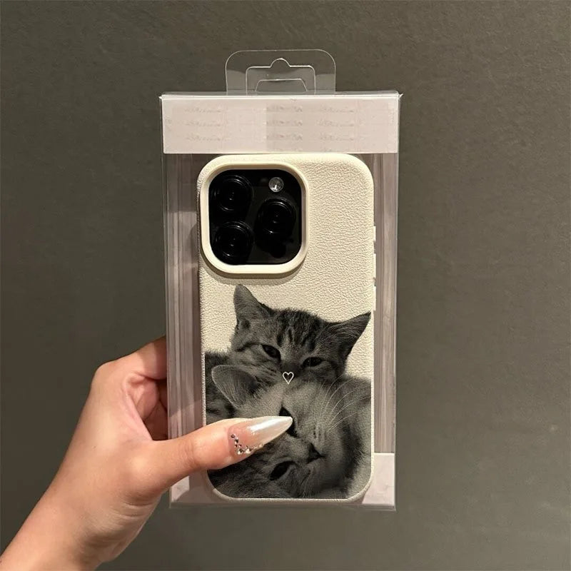 Leather pattern cute fun relative cat phone case, suitable for iPhone 17/16/15/14/13/12/11/XS/XR/X/7/8 Plus/Pro/Max/Mini