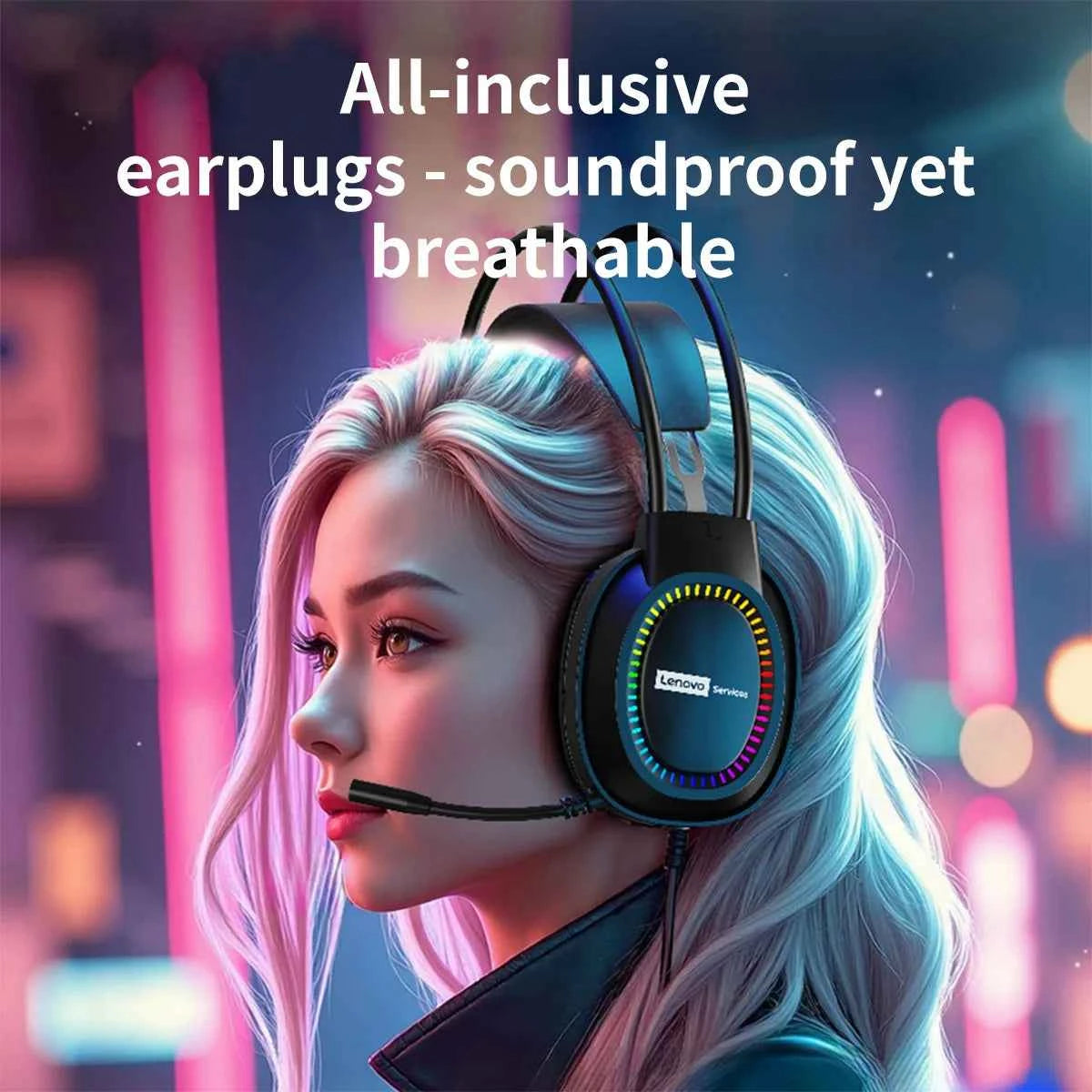 Lenovo Over-Ear Headphones with Microphone, Gaming Headphones, Rgb Lighting, Cool Colorful Lights, Suitable for Desktop and Laptop Computers, Comfortable, Sound-Isolating, and Noise-Cancelling