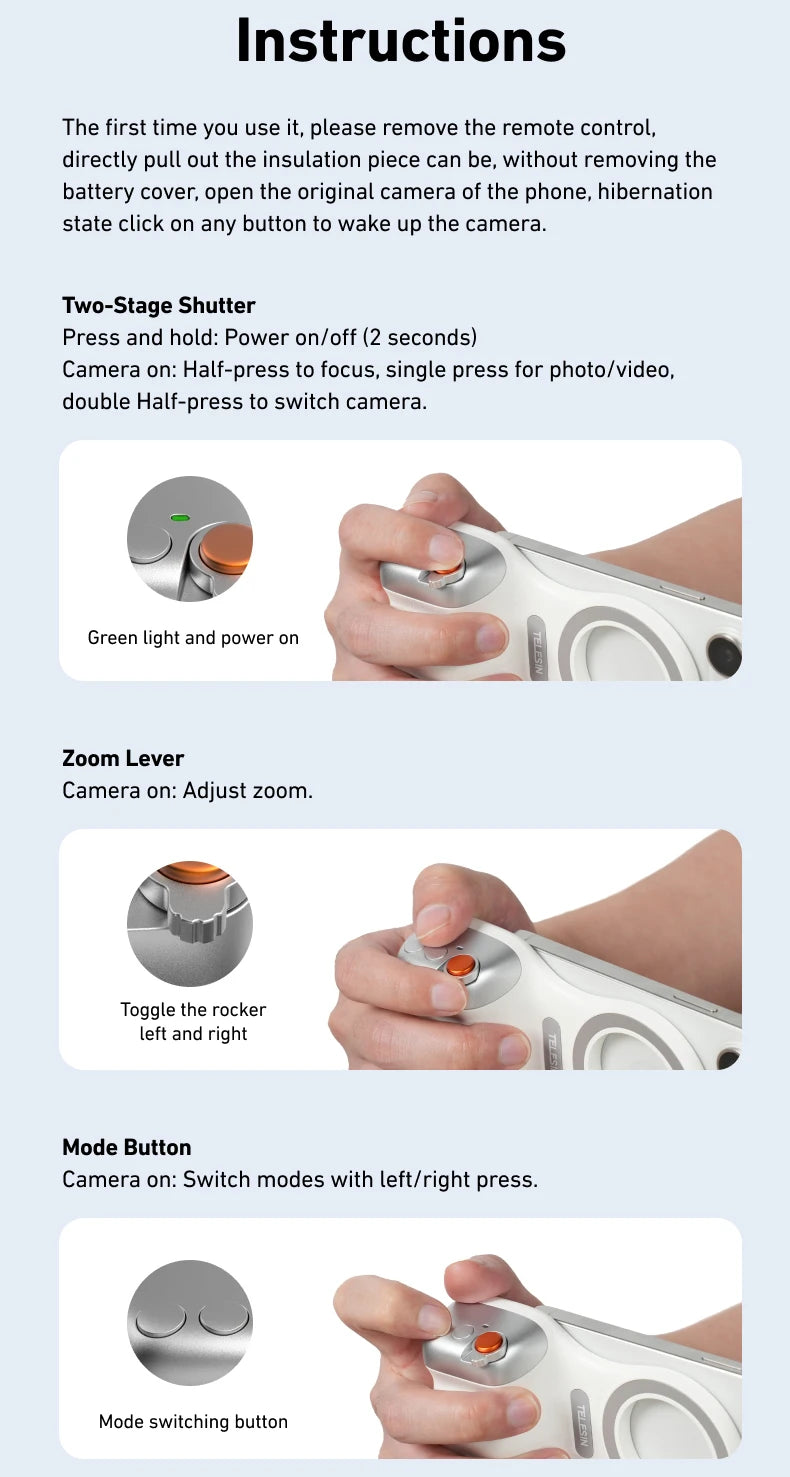 TELESIN Magnetic Phone Camera Shutter Grip and Fill Light Set Shooting Aid Remote Control Handle for Iphone HUAWEI SAMSUNG Phone