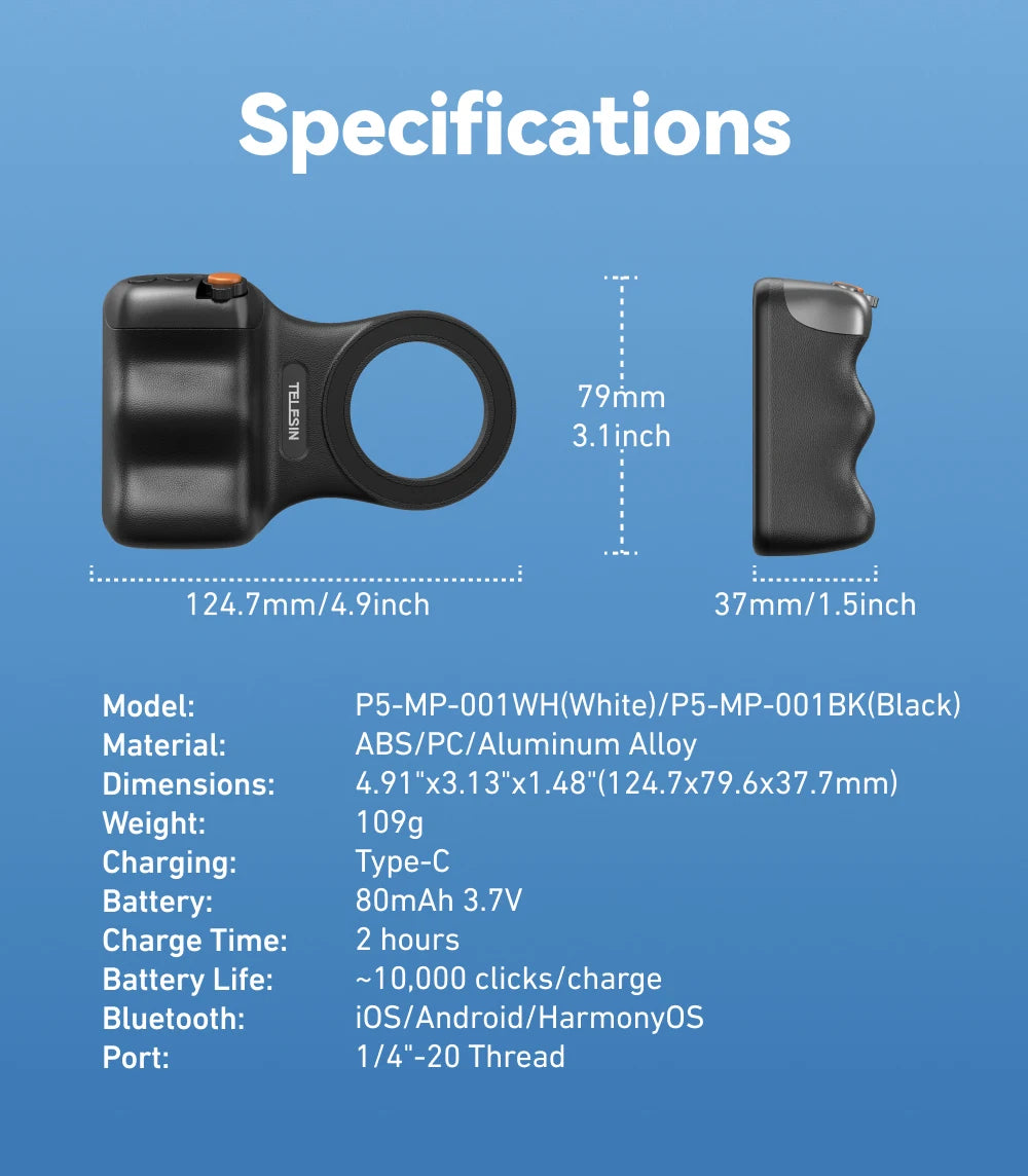 TELESIN Magnetic Phone Camera Hand Grip Universal Smart Phone Holder with Remote Control for iPhone & Android Bluetooth Shooting Aid