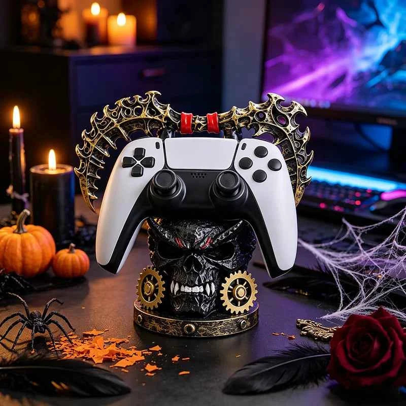 Gothic Skull Game Controller Stand Steampunk Resin Gamepad Holder Halloween Desktop Ornament Gaming Room Decor Gift for Gamers