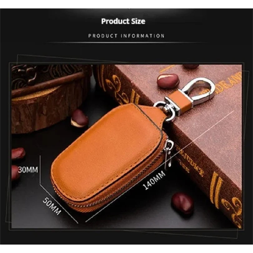 Genuine Cowhide Car Key Case Universal Zipper Leather Key Holder Portable Waist Hanging Auto Remote Fob Key Bag