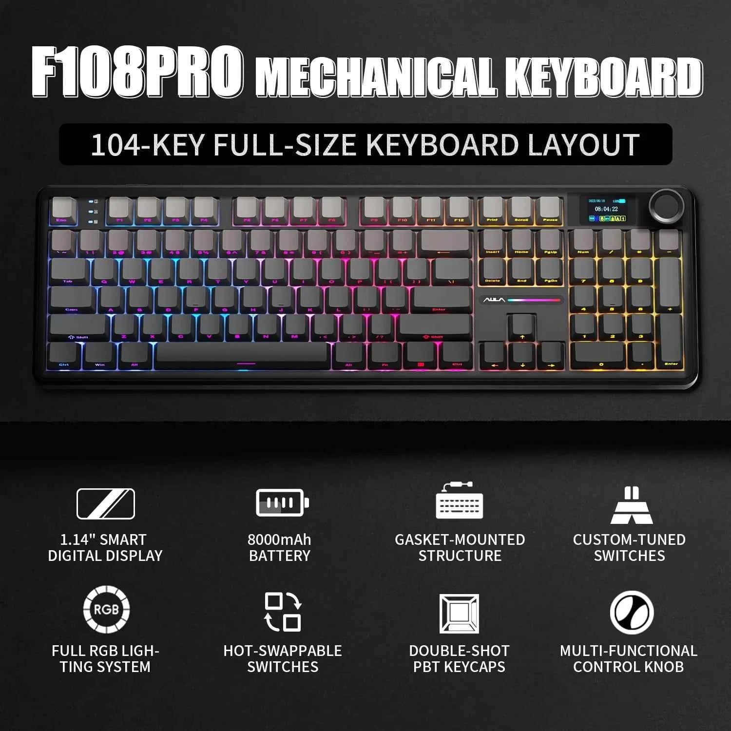 AULA F108PRO Gaming Mechanical Keyboard, Full Size Custom Backlight Hot Swappable Wireless Bluetooth Hifi Switch