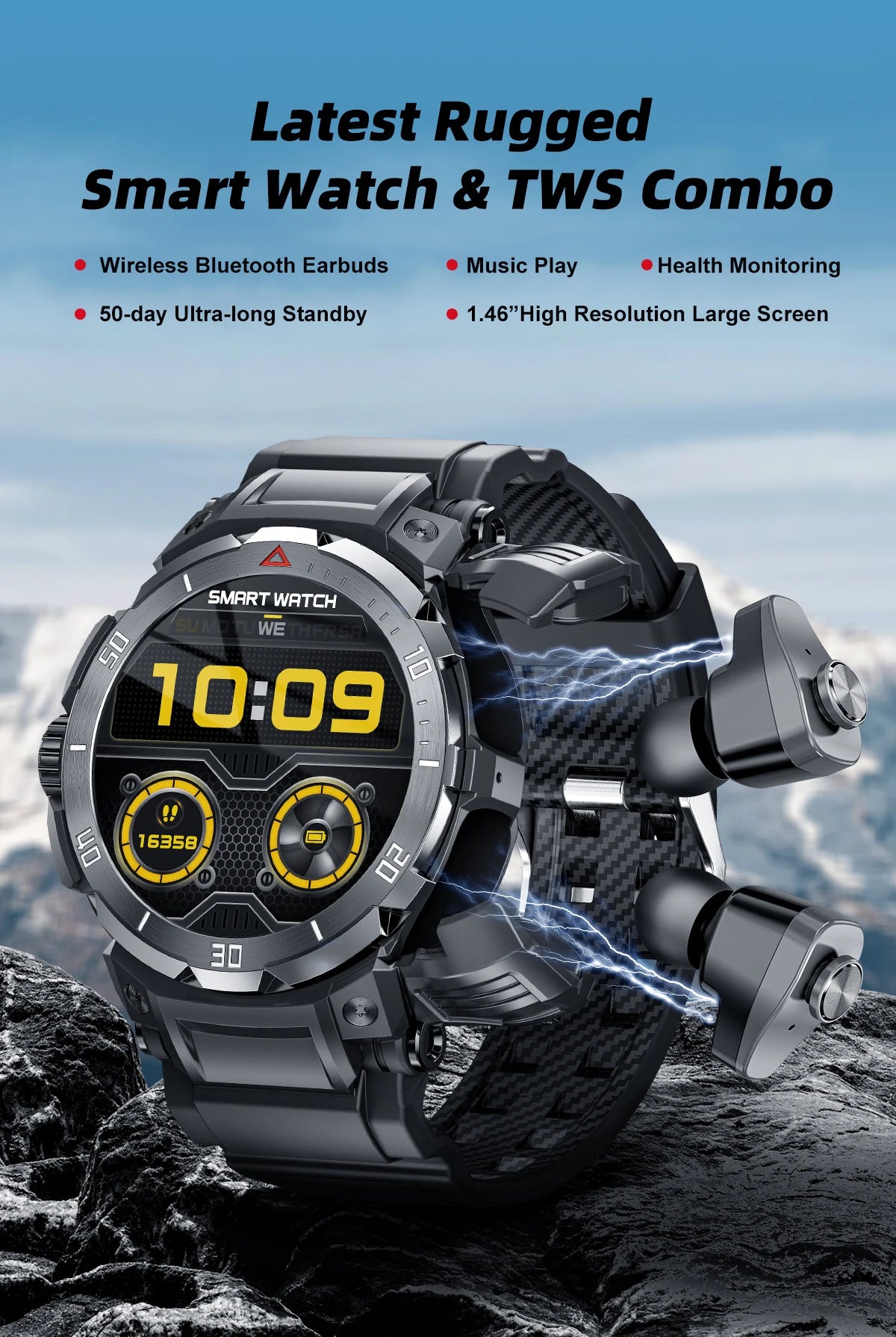 New 3 in 1 Smart Watch for Men With TWS Headset Rugged Military Bluetooth Call Fitness Tracker IP67 Waterproof for Android iOS