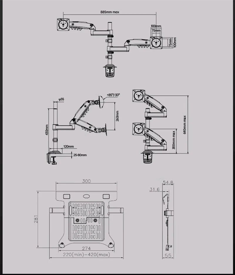 Desktop NB H180-FP Gas Spring Dual Arm for 17