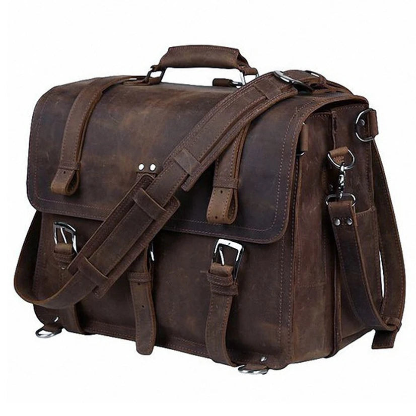 Vintage Crazy Horse Genuine Leather Men Briefcase Business Bag Large Leather Briefcase Male 15.6