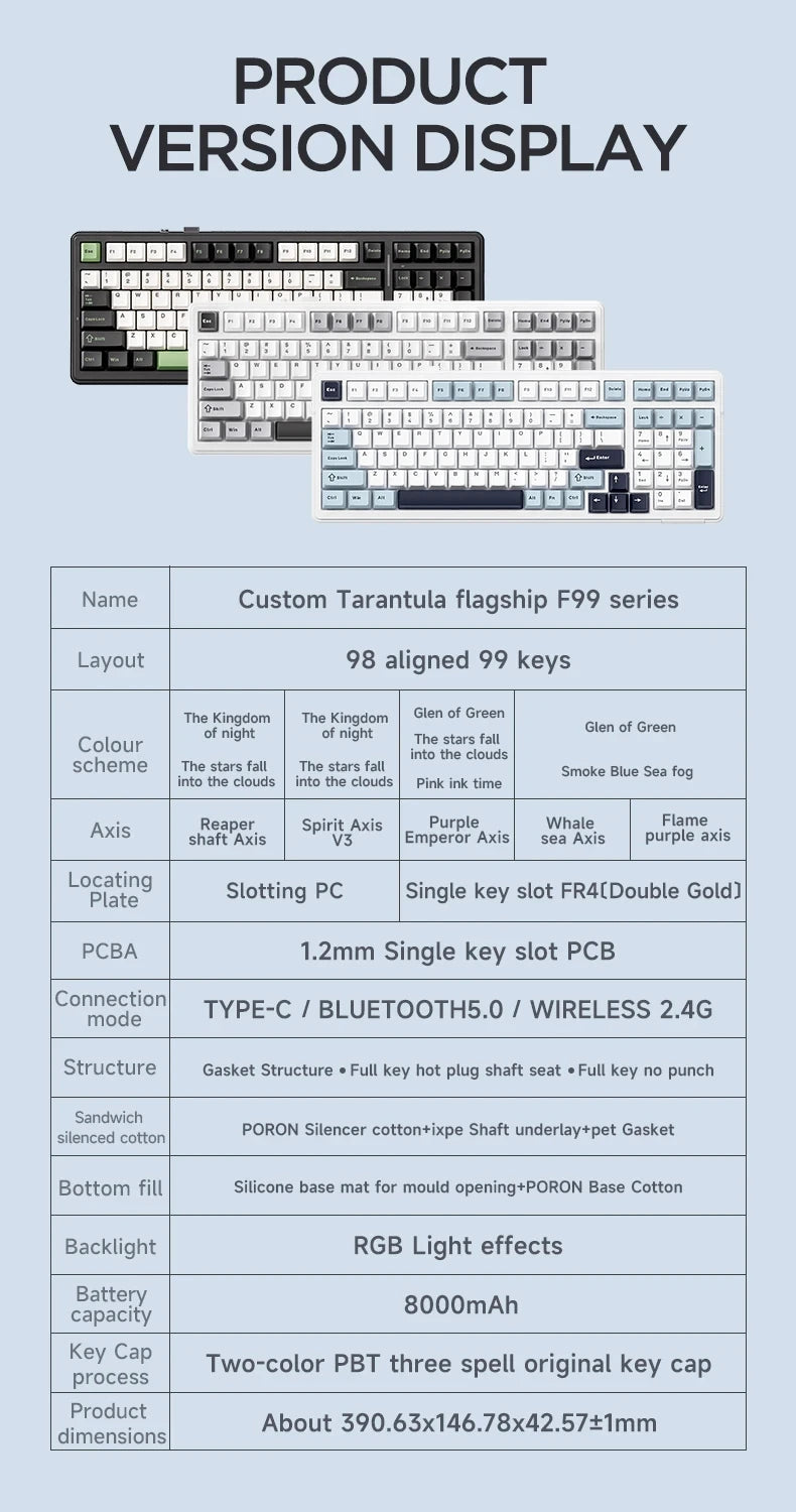 AULA F99 Gaming Mechanical Keyboard 99 Keys Gasket Structure Wireless Bluetooth Wired Hot Swappable PBT Gasket RGB For PC Laptop