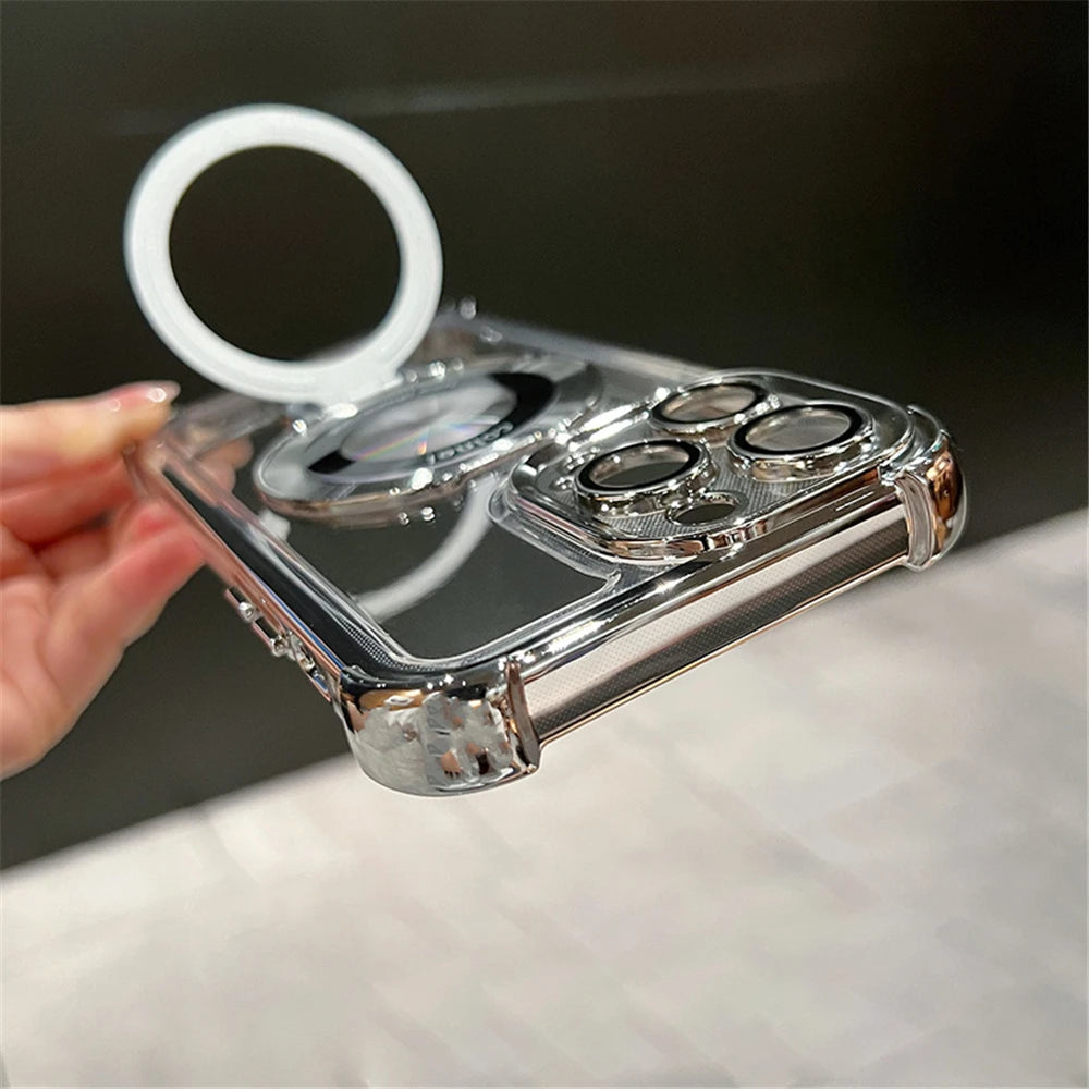 Luxury Plating Shockproof Magnetic Bracket For Magsafe Clear Case For iPhone 17 15 16 14 13 12 11Pro Max With Holder Stand Cover