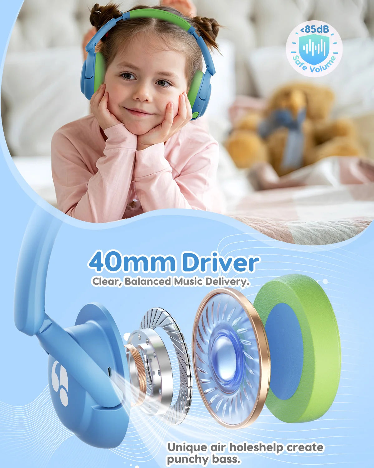 Awatrue Kids Bluetooth 5.4 Headphone 85dBA Safe Volume Lightweight