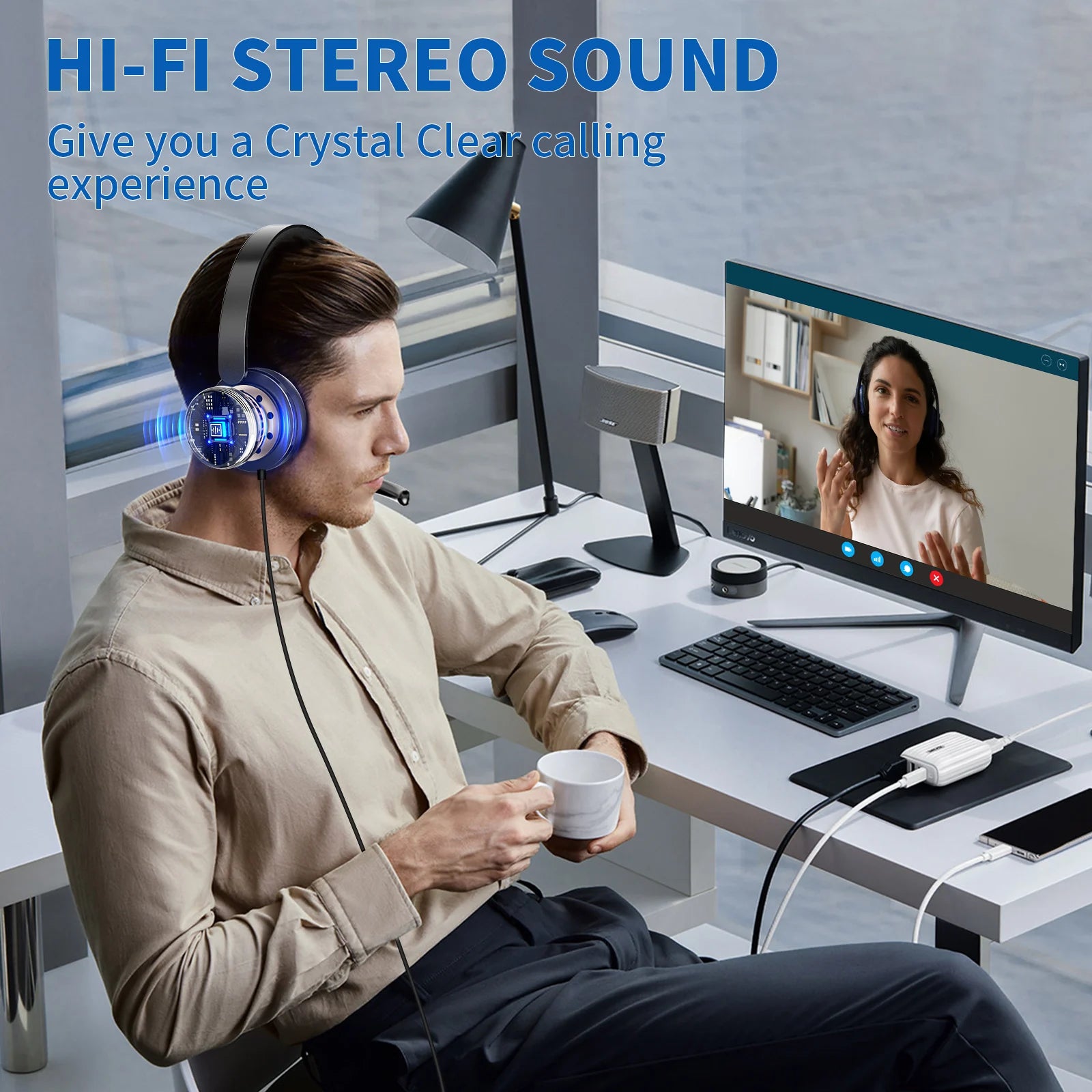 AWATRUE EH11 Wireless Bluetooth Headset with AI Noise Cancelling Mic & Charging Base 2.4GHz Wireless Headphone with USB Dongle