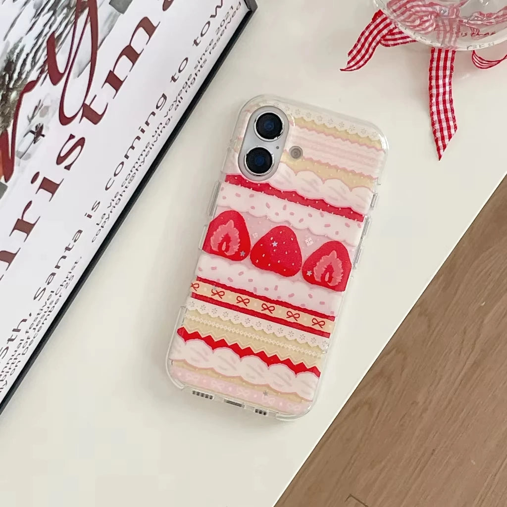 Cream Strawberry Cake Lace Bowknot Phone Case For iPhone 17 Air 16 ProMax 15 14 Plus 13 12 11 Pro Shockproof Silicone Back Cover