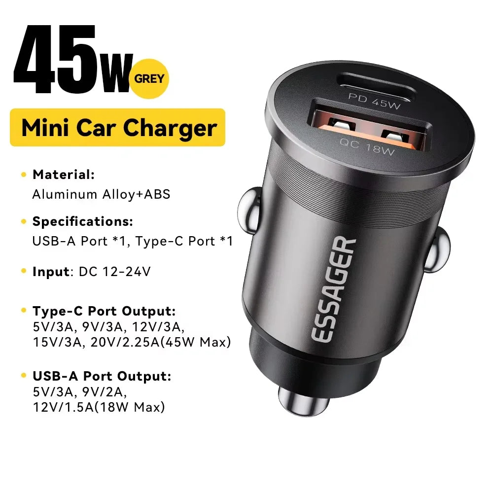 Essager 45W Car Charger Fast Charging Dual Port  PD QC3.0 Type-C Quick Charger for iPhone 16 15 14 Samsung Xiaomi Huawei Oppo