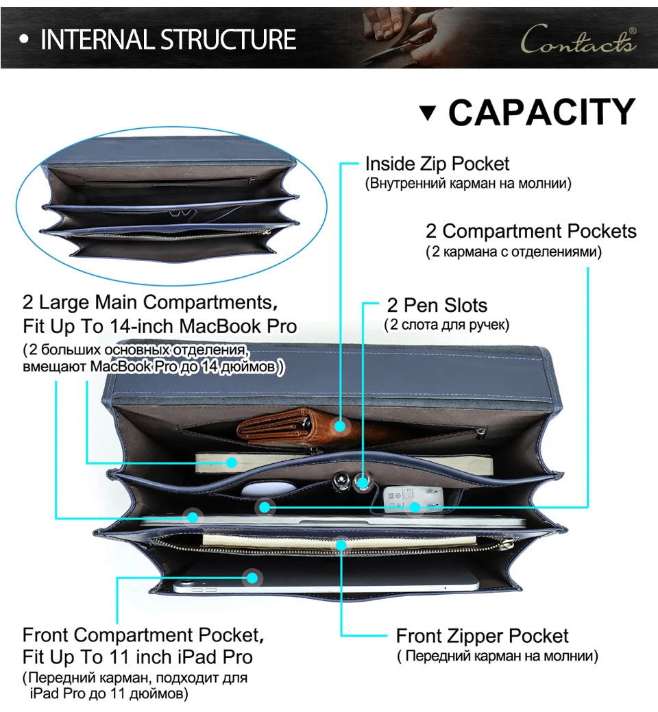 CONTACT'S Genuine Leather Business Bags for Men High Quality Briefcase Office Bag Male Tote Laptop Bags Portfolio Bag Document