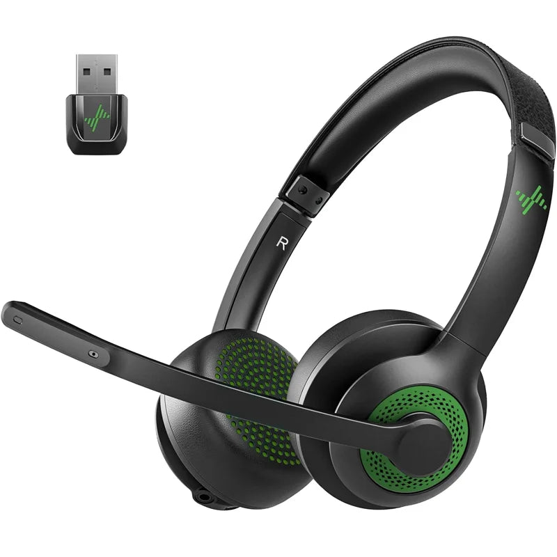 JIAMQISHI EH02P Wireless Headset with AI Noise Cancelling Microphone Headphones Bluetooth V5.2 with USB Dongle,Charging Base