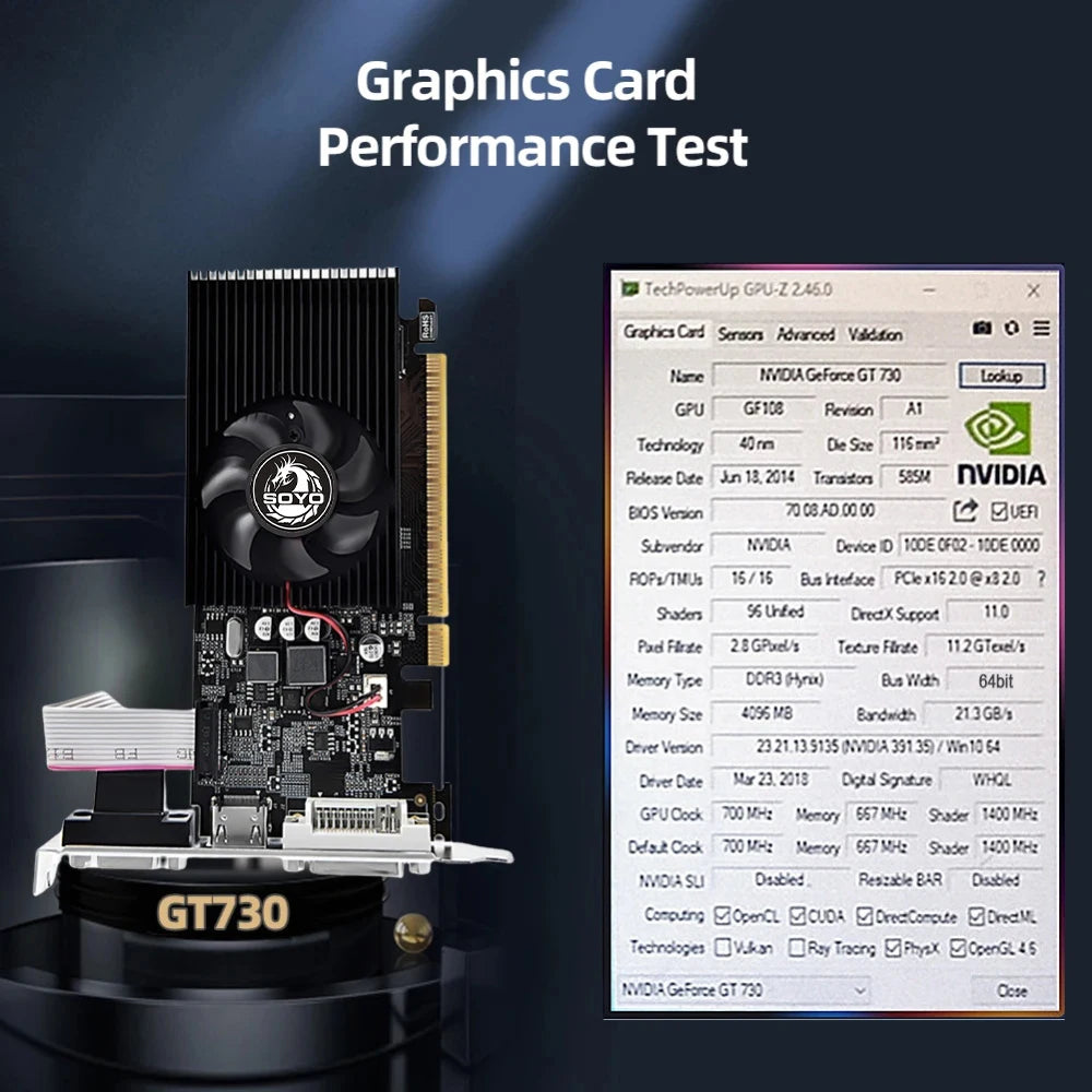 SOYO GT730 4GB Half-height Graphics Card GDDR3 GPU 128Bit HDMI compatible PCI-E 3.0 Placa De Video for Desktop Computer