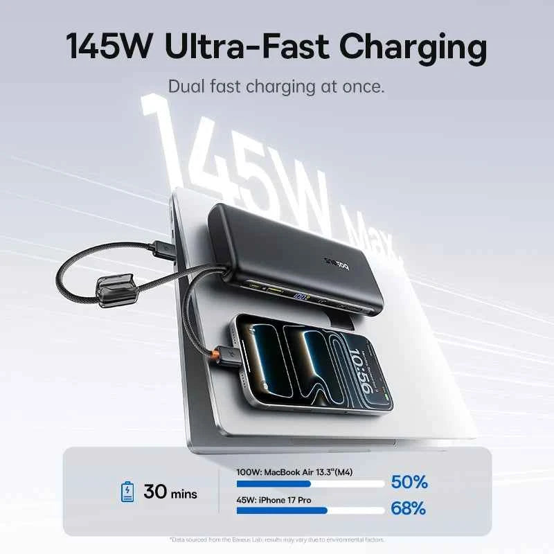 Baseus 145W Power Bank 25000mAh Fast Charging Built-In Type-C Cable Portable Battery Charger for iPhone Samsung MacBook Tablet