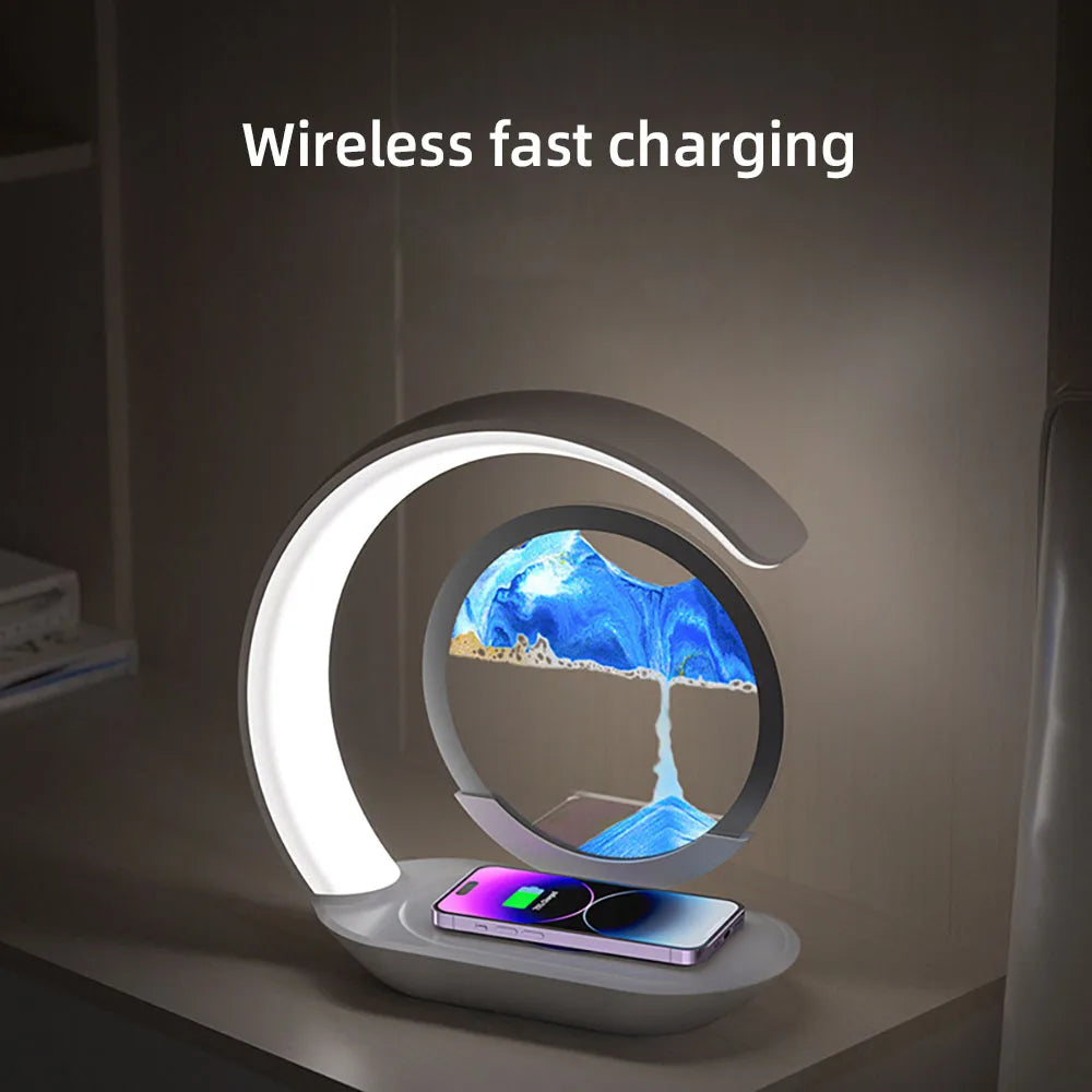 Quicksand Table Lamp Wireless Charging Desk Lamp 3D Hourglass Ornaments Sand Painting Night Light for Office Room Decoration