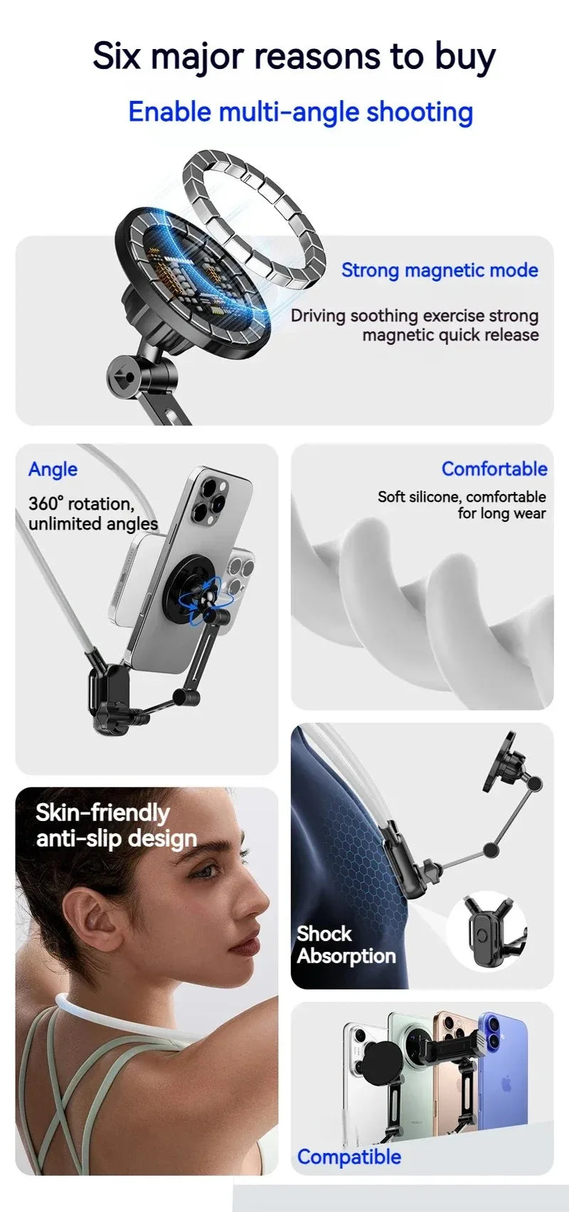 Universal Neck Mount Phone Camera Holder,Magnetic And Clip Compatible With IPhone Samsung 360 Rotation Hands-Free For Video Live