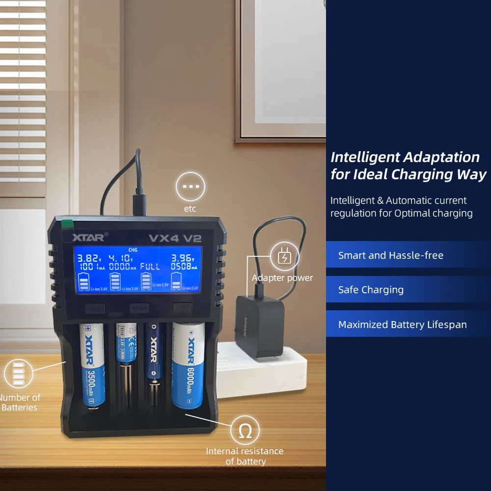 XTAR VX4 V2 18650 Battery Charger AA/AAA Li-ion LiFePO4 Ni-MH Rechargeable Battery 20W Fast Charger Battery Capacity Tester