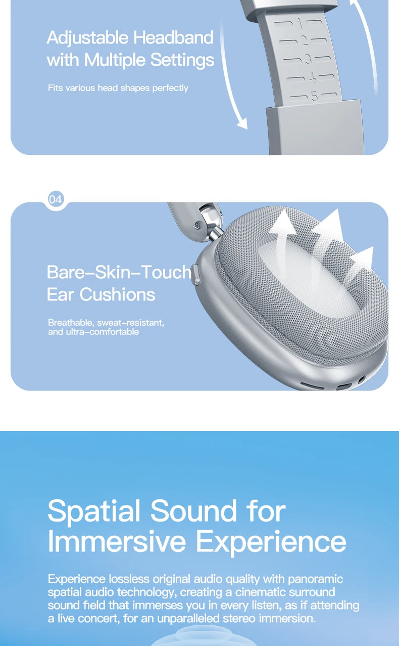 Wireless Bluetooth Headphones Over-Ear, Hi-Res Audio, Sport Headphone, Foldable Stereo, Travel Headphones, Silver