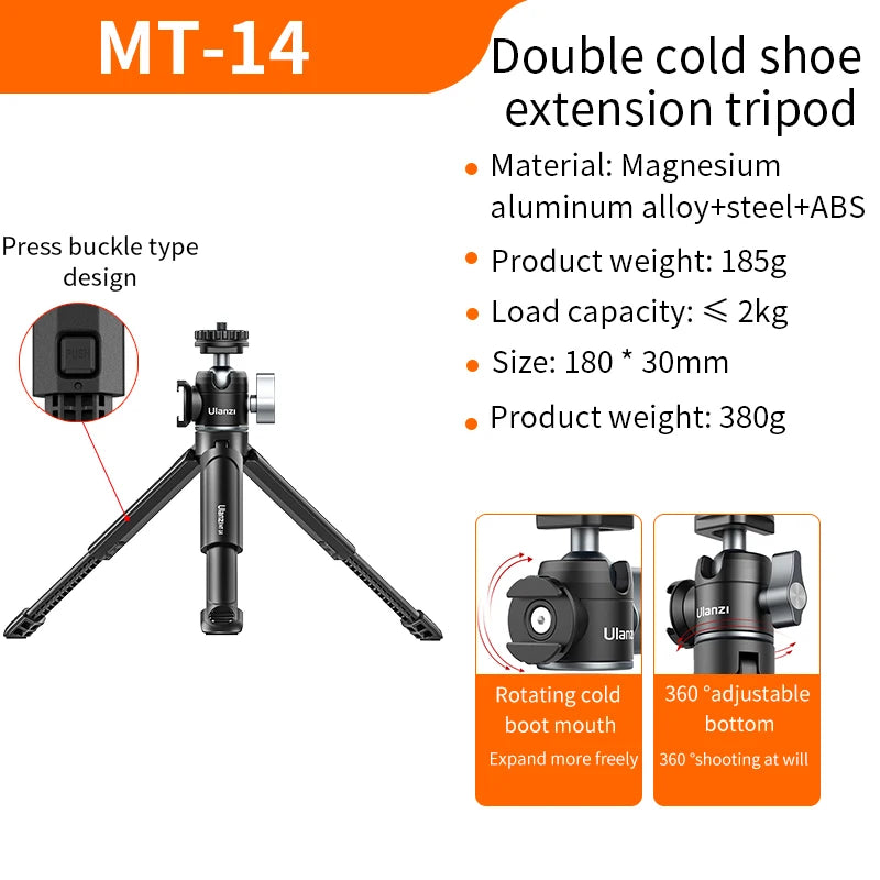 Ulanzi MT-14 Aluminum Alloy Tripod 2KG Load with 360° Ballhead 1/4 Screw Light Portable Vlog Kit Light Desktop Tripods For Phone