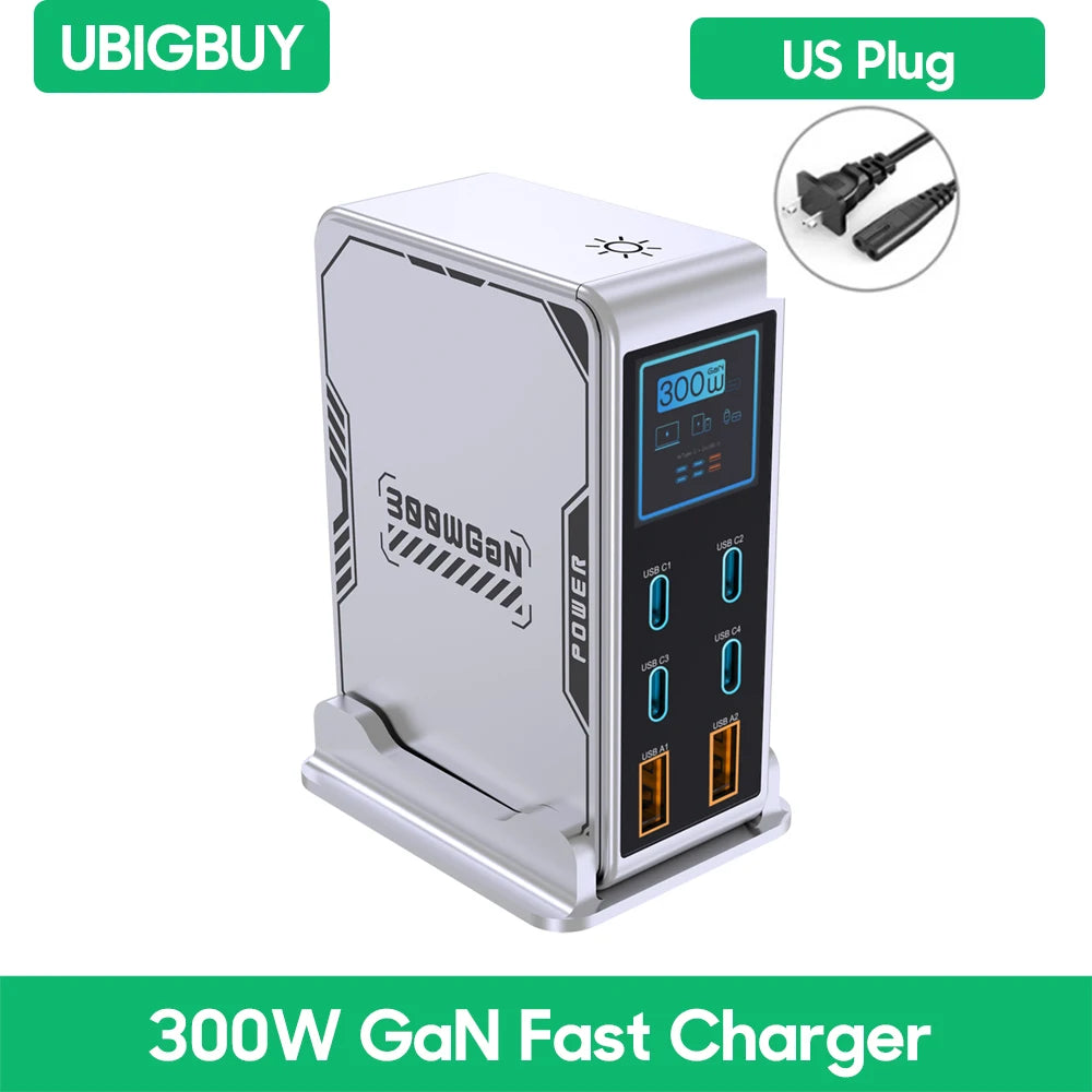 300W USB C Charger,6 Ports USB Charging Station,GaN 100W PD Laptop Fast Charger Adapter Desktop Charger Station with LCD Display for MacBook iPad iPhone Samsung