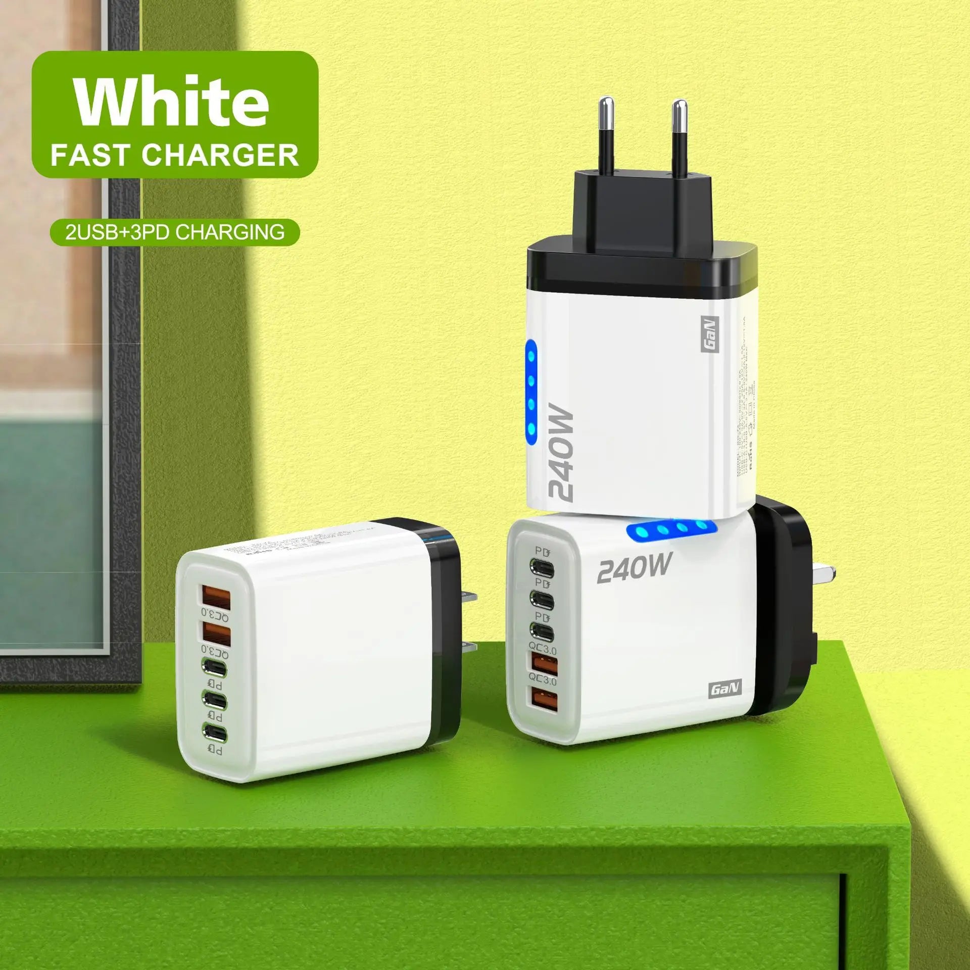 240W GaN Charger 5-in-1 3USB-C PD and 2USB-A QC3.0 Fast Charging for iPhone 16 17 Samsung S25 S24 Xiaomi 15 16 17 Huawei Mate