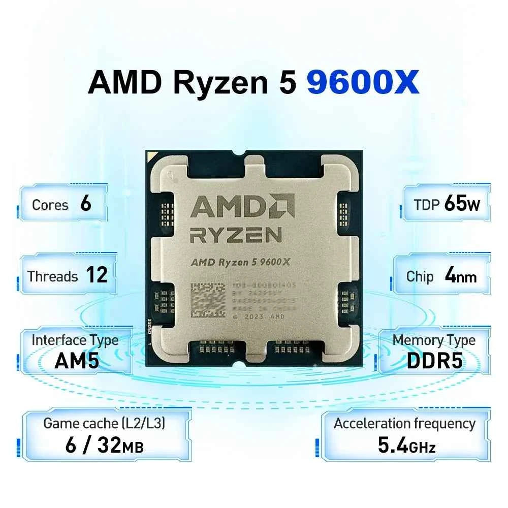 NEW AMD Ryzen 5 9600X L3=32M 4NM DDR5 5.4GHz 6-Core 12-Thread R5 9600X Processor 65W Gaming CPU Socket AM5 Without Cooler